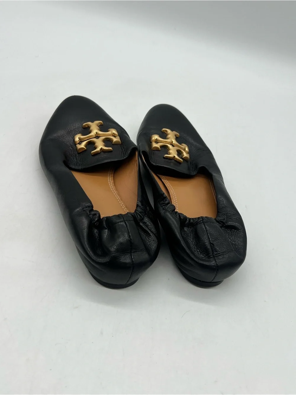 Tory Burch Eleanor Logo Goat Women 8.5M Black Leather Flat Loafers Shoes